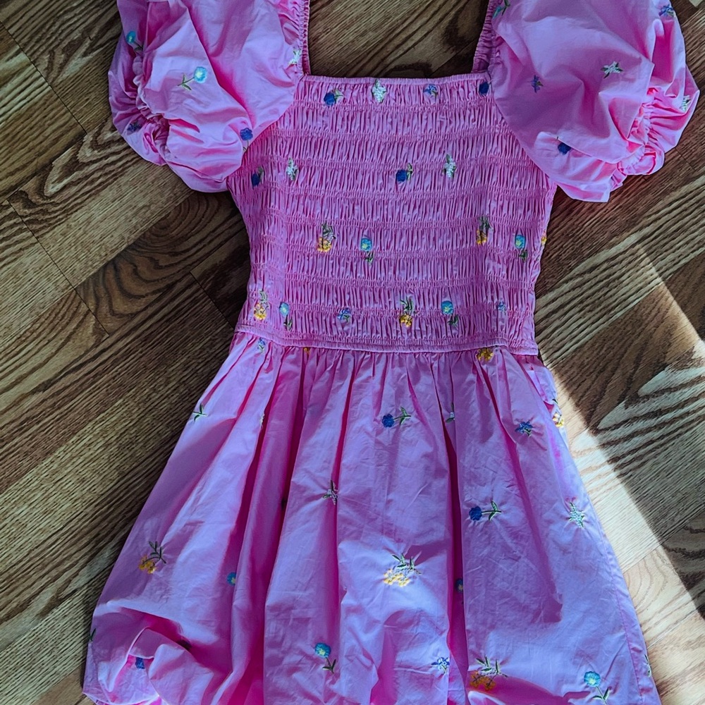 English Factory Pink Puff Sleeve Smocked Floral Dress